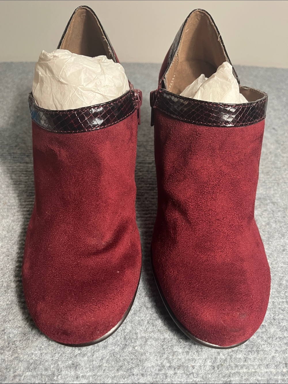 AEROSOLES Burgundy Suede Ankle Booties with Croc-Trim